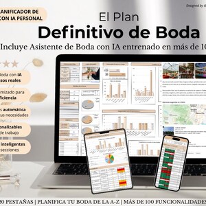 May include: A laptop, tablet, and smartphone display a wedding planning application. The screen shows charts, graphs, and data. The text on the screen says "El Plan Definitivo de Boda" and "Tu Planificador de Boda con IA Personal."