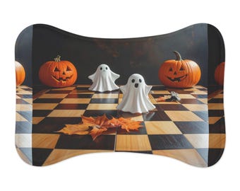 Halloween Ghosts and Pumpkins Pet Feeding Mat | Fall Checkerboard Placemat