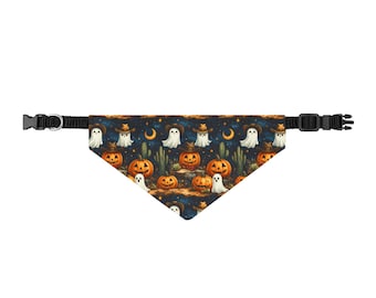 Halloween Pumpkins and Ghosts Clip-on Pet Bandana | Spooky Night Pattern