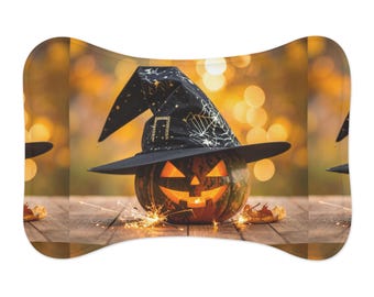 Jack-o'-Lantern Witch Hat Pet Feeding Mat | Halloween Placemat for Dogs & Cats