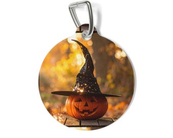 Jack-o'-Lantern Witch Hat Pet Tag | Halloween Pumpkin Dog ID Tag