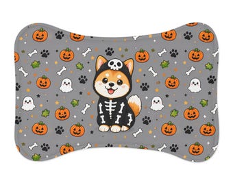 Cute Halloween Akita with Ghost pet feeding mat | Halloween pet placemat