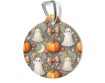 Halloween Ghost Pumpkin Pet ID Tag | Round Metal Dog Cat Name Tag