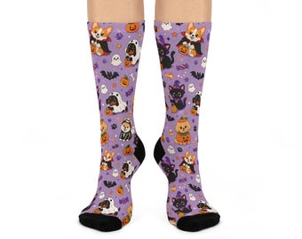 Cute Dog & Cat Halloween Pattern Cushioned Crew Socks | Purple Pumpkin Ghosts