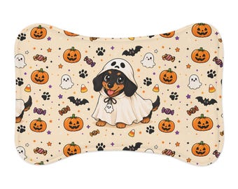 Cute Dachshund in Ghost Costume Pet Feeding Mat | Halloween Puppy Placemat