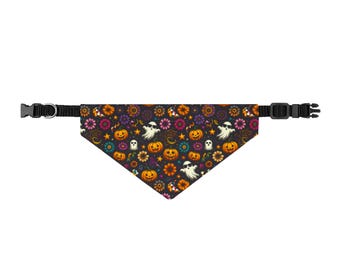 Halloween Pumpkins & Ghosts Clip-on Pet Bandana | Spooky Floral Pattern