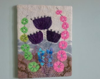 Felted picture of colourful flowers.An original painting a beautiful textile wall hanging