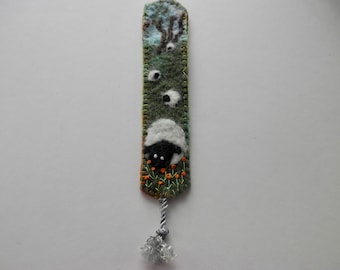 felt bookmark with needle felted  sheep, a great handmade gift for a book lover,a countryside scene