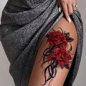 Temporary Red Rose Tattoo Stickers For Arm and Leg - Sexy Stripper Chest & Thigh Design - Waterproof - Perfect For Women