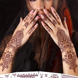 Red & Brown Henna Mandala Floral Lace Design Sexy Body Art Temporary Waterproof Tattoo Stickers, Suitable For Hands, Arms, Back, Festivals