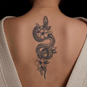 Coiled Snake & Flower Temporary Tattoo: Waterproof Boho Body Art
