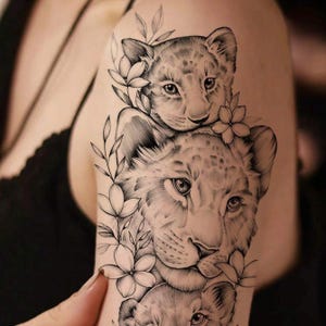 Temporary Tattoo Sticker With Lion Animal Design - In Light Black Lion Tattoo – Majestic Lioness with Cubs Design