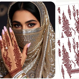 Floral Design Brown, Red, Chestnut Sexy Foot & Finger Henna Tattoo Stickers, Waterproof Flower Nail Decals, Women Body Temporary Tattoos