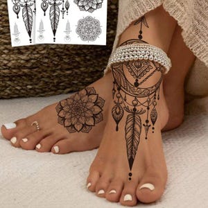 Sheet Black Mandala Tattoo Stickers For Girls, Black Lace Lotus Tattoos Mandala Flower Fake Jewelry Pendant Pattern, Waterproof Fake Tattoos