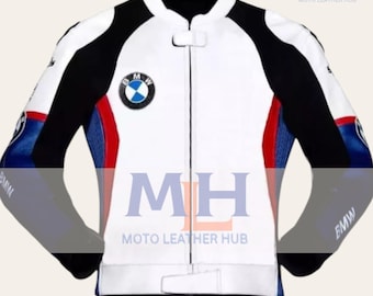 Chaqueta de motociclista BMW: Chaqueta de cuero para motociclista en rojo y blanco con diseño de carreras.
