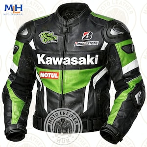 Kawasaki Racing Leather Motorcycle Jacket: Racing Biker Style Green and Black Original Cowhide Leather