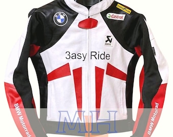 Chaqueta de cuero para motociclista BMW: Diseño de carreras rojo y blanco