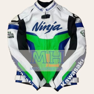Kawasaki Ninja ZX10R Motorbike Leather Jacket Men&#39;s Kawasaki Ninja Racing Biker Jacket Blue Green & White