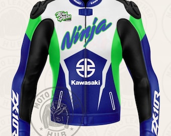 Kawasaki Ninja ZX-10R Leather Motorcycle Jacket, Racing Biker Style