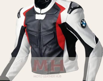 Chaqueta de cuero para motocicleta BMW: Chaqueta de carreras para motociclista en negro, blanco y rojo con protecciones.