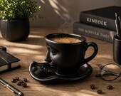 Modern Face Mug Set 260 ml, Sculptural Coffee Cup with Saucer, Artistic Ceramic Mug, Black White Green