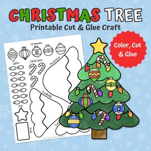 Könnte beinhalten: Ein ausdruckbares Weihnachtsbaum-Bastelprojekt mit dem Text "CHRISTMAS TREE Printable Cut & Glue Craft". Das Bild zeigt einen fertigen grünen Weihnachtsbaum, der mit Ornamenten und Zuckerstangen geschmückt ist, sowie ein Blatt mit Ausschnitten.