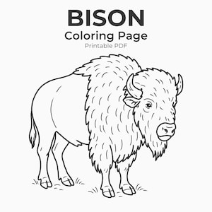 Op de afbeelding: Een zwart-wit lijntekening van een bizon die op gras staat. De afbeelding is voorzien van de tekst "BISON Coloring Page Printable PDF". De bizon heeft een ruige manen, hoorns en een gedetailleerd gezicht.