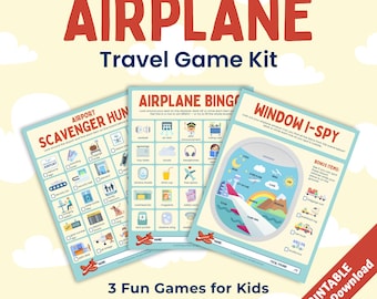 Puede incluir: Un kit de juegos de viaje para niños con tres juegos imprimibles: una búsqueda del tesoro en el aeropuerto, bingo de avión y ventana I-spy. El kit presenta ilustraciones coloridas y el texto "AIRPLANE Travel Game Kit" y "3 Fun Games for Kids."