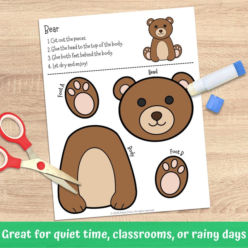 Bear Cut and Glue Craft | Printable Color & Assemble Animal Activity ...