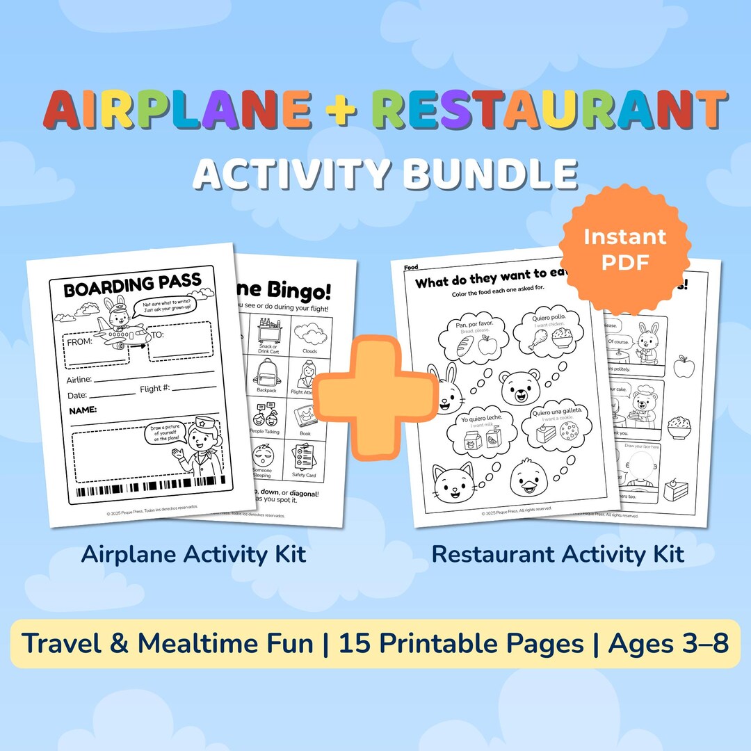 Airplane & Restaurant Activity Kit for Kids: Printable Travel Games ...