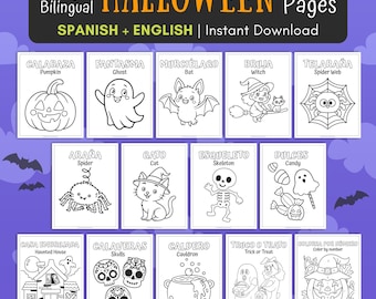 May include: A set of 14 bilingual Halloween coloring pages in Spanish and English. Each page presents a different Halloween image, such as a pumpkin, ghost, bat, witch, spider web, spider, cat, skeleton, candy, haunted house, skulls, cauldron, trick or treat, and a colour-by-number pumpkin.