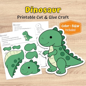 Puede incluir: Una manualidad de dinosaurio verde para cortar y pegar con el texto "Dinosaur Printable Cut & Glue Craft". La imagen incluye una pegatina de dinosaurio terminada, piezas recortadas e instrucciones. La manualidad incluye opciones en color y blanco y negro.
