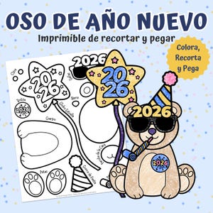 Puede incluir: Una manualidad imprimible de oso de Año Nuevo con el texto "OSO DE AÑO NUEVO". La imagen presenta un oso con gafas de sol y un gorro de fiesta, sosteniendo un globo en forma de estrella con "2026". Incluye piezas recortables.
