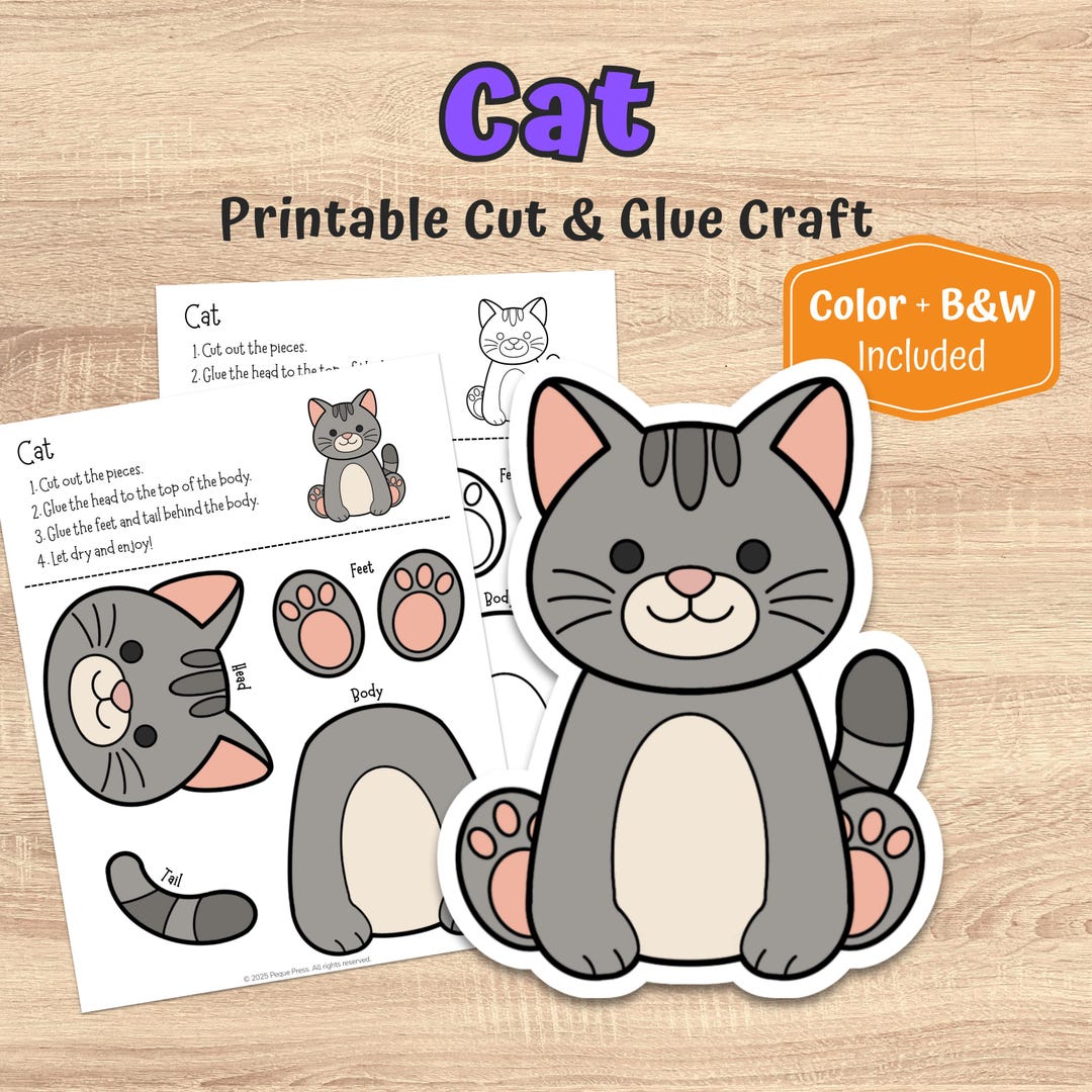 Cat Cut & Glue Craft | Printable Color and Assemble Animal Activity for ...
