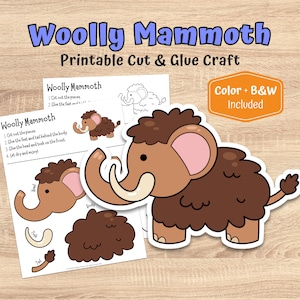 May include: A printable cut and glue craft featuring a cartoon woolly mammoth. The image includes a finished mammoth, along with instructions and cut-out pieces. The text reads "Color + B&W Included".