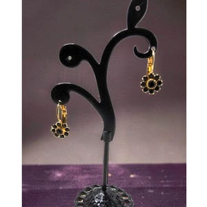 Vintage Pat Pending Locking Back Gold Tone,Black Stones Floral Earrings