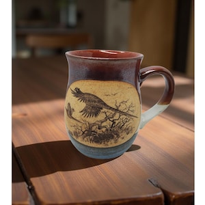 Vintage Handcrafted Ceramic Mug With Bird Design - Rustic Red & Blue Tones - Unique Artisan Pottery