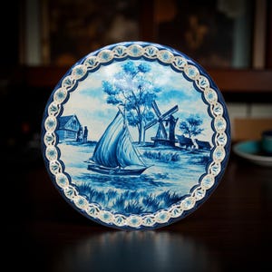 May include: Round, blue and white decorative plate featuring a Dutch landscape scene. The plate depicts a sailboat, windmills, a house, and trees. The rim has a scalloped edge with a repeating floral pattern.