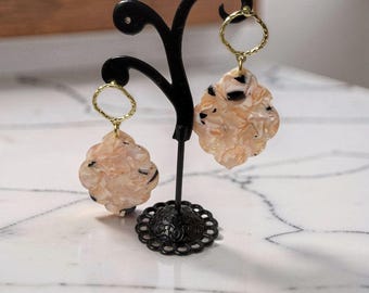 Vintage Stunning gold tone light Pink with Black Notes Molded Polymer Dangle Earrings