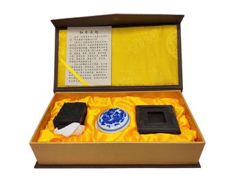 Vintage Chinese Rubber Wood Stamp & Ink Set in Porcelain Pot W/Ink