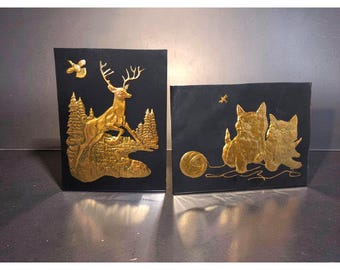Vintage 1950s Copper Embossed Grand Stag & Kittens Wall Plaques