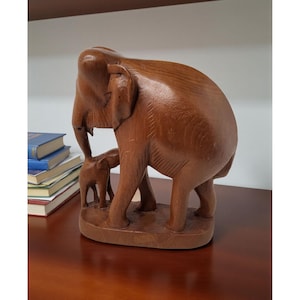Vintage Hand Carved Teak Good Luck Elephant Calf and Mother Sculpture