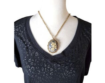 Vintage Gerrys Gold,Blue,White Gold Tone Victorian Rose Cameo Brooch,Pendant Necklace