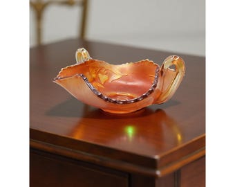 Antique Fenton Strawberry Carnival Glass Orange Leaf Design Decorative Bonbon With Dual Handles