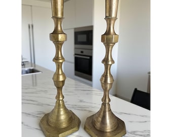 Vintage tall English Design brass and metal Gold Color pushup candlesticks