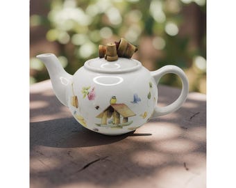 Vintage Marjolein Bastin Porcelain Teapot With Floral & Birdhouse Design
