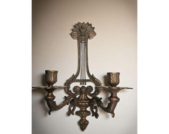 vintage early century heavy brass ornate musical instrument theme candle sconces.