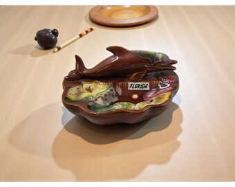 Vintage Tilso Japan Dolphin Ashtray: 1960s MCM Drip-glazed Ceramic Blue/Brown