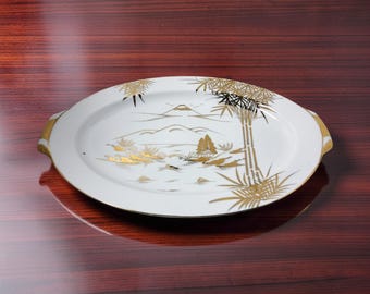 Vintage Japan Kutani Gold Trim Mt. Fuji Mountain Village Serving Platter.