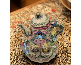 Vintage Teapot Tea for Two Music Box With Animated Movement Animal Figurines & Floral Design